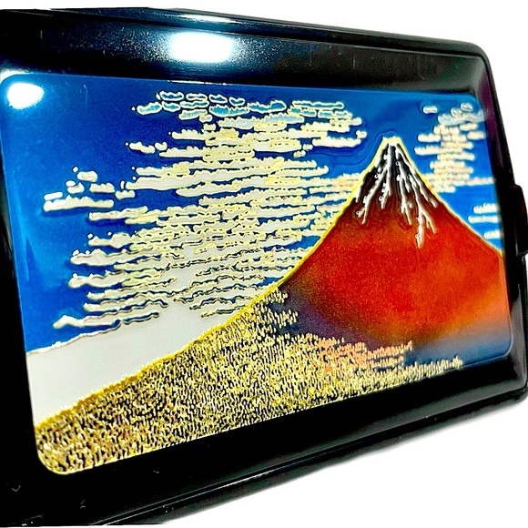 Metal Engraved Hokusai Red Fuji Stand Pocket Mirror Made in Japan NEW CHOKIN ART - Picture 3 of 11